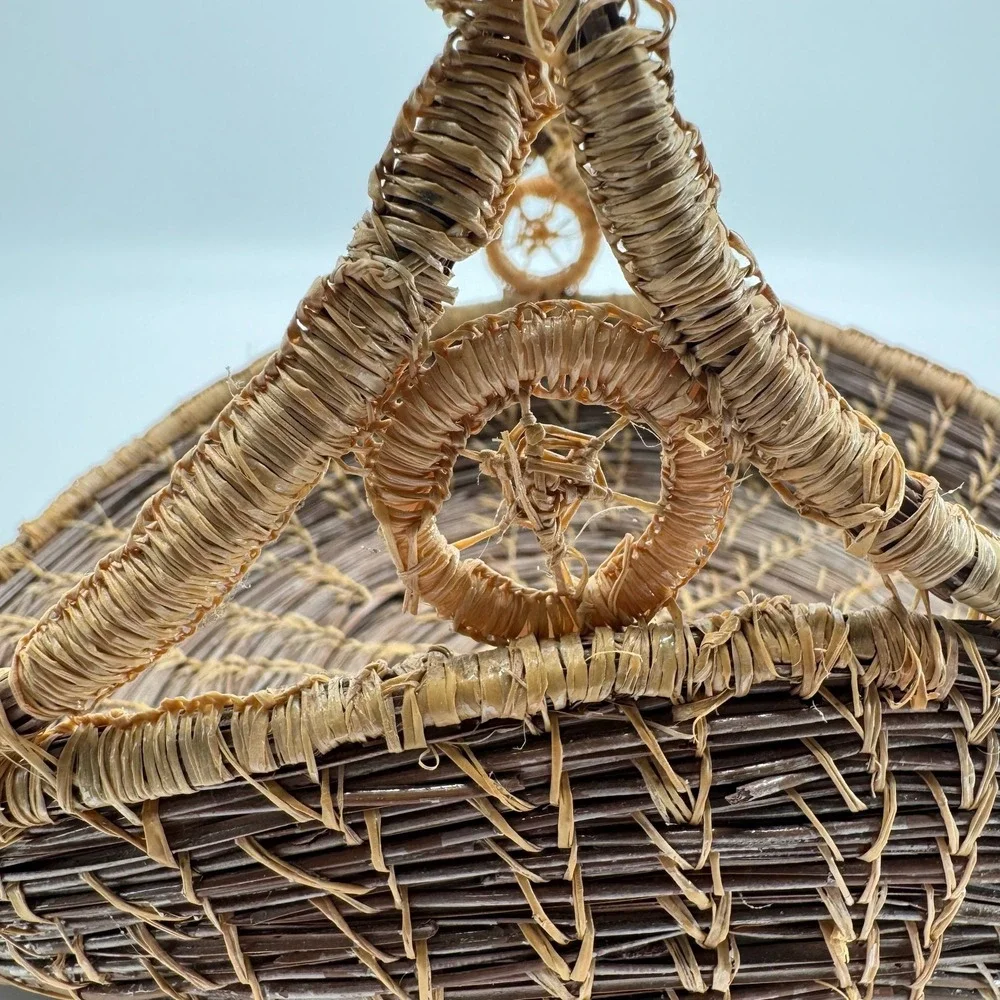 Vtg Handmade Pine Needle Gathering Basket Wrapped Handle Southern Folk Art Decor